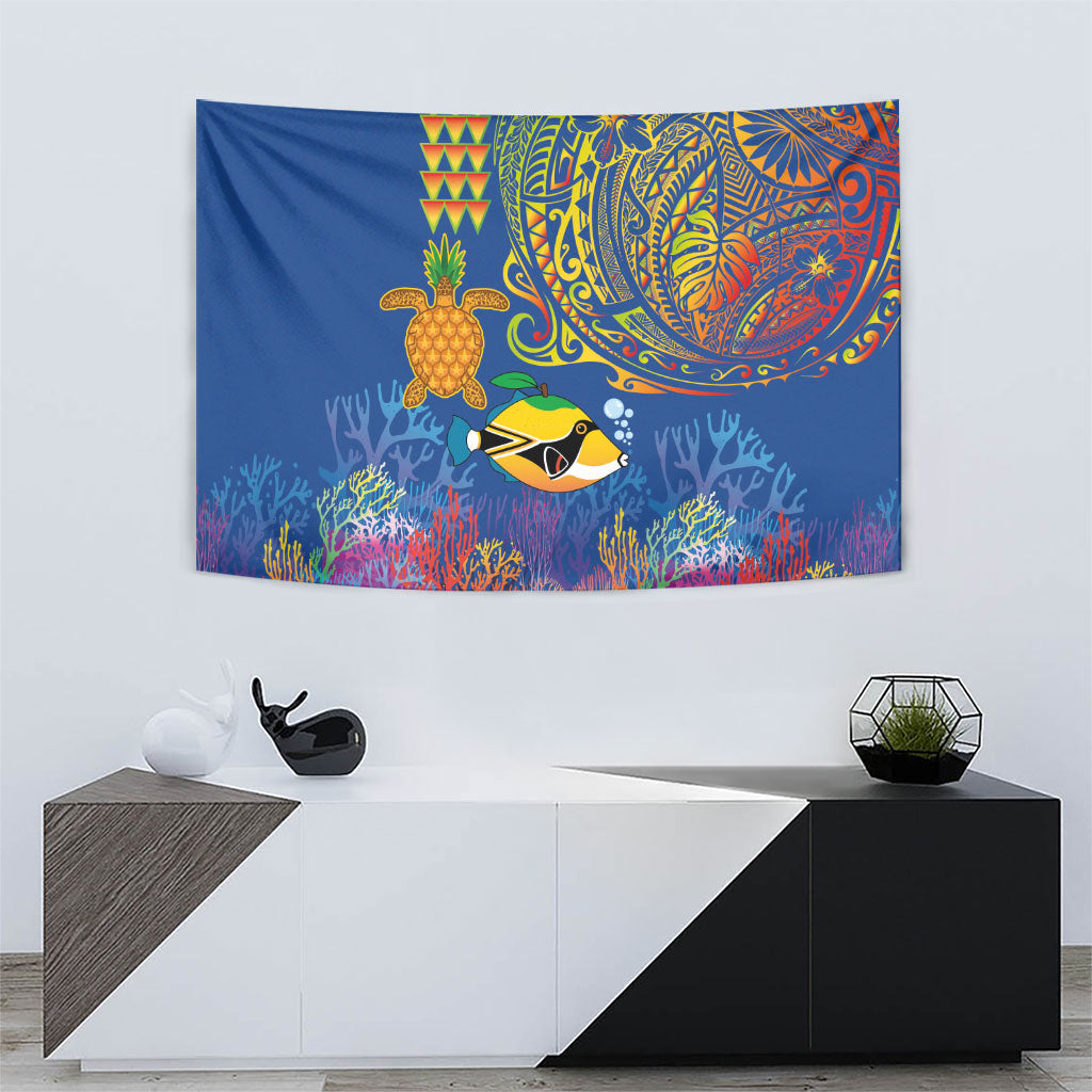 Hawaii Ocean Tapestry Pineapple Turtle and Mango Reef Triggerfish and Kakau Tattoo LT03 - Polynesian Pride