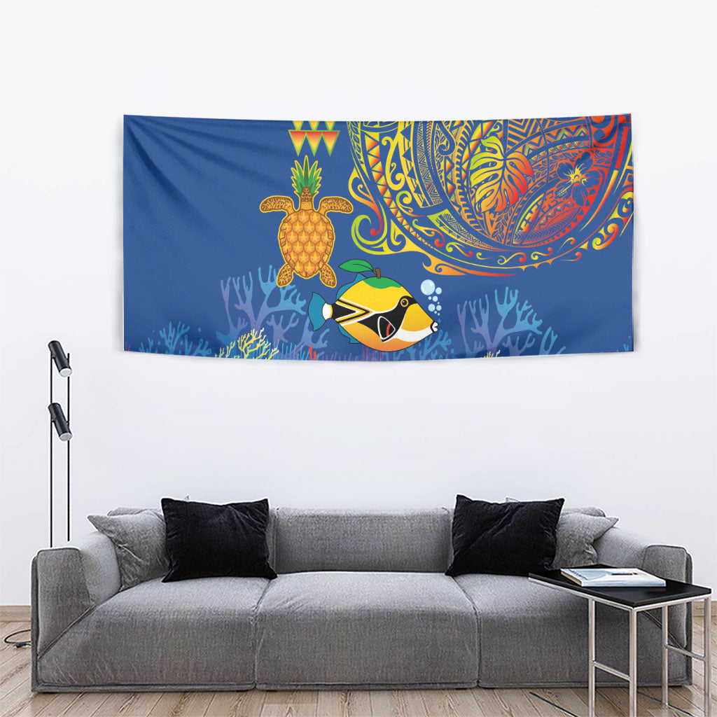 Hawaii Ocean Tapestry Pineapple Turtle and Mango Reef Triggerfish and Kakau Tattoo LT03 - Polynesian Pride