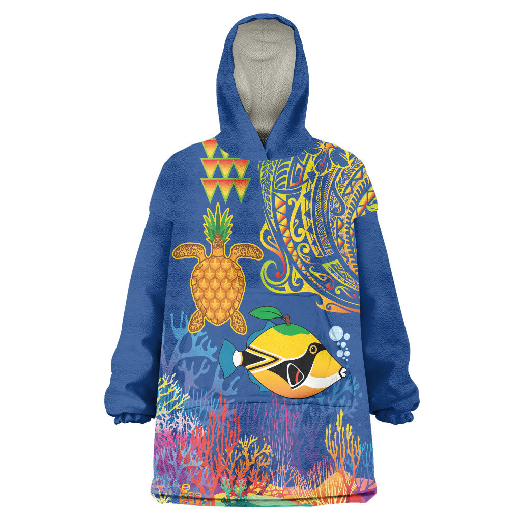 Hawaii Ocean Wearable Blanket Hoodie Pineapple Turtle and Mango Reef Triggerfish and Kakau Tattoo