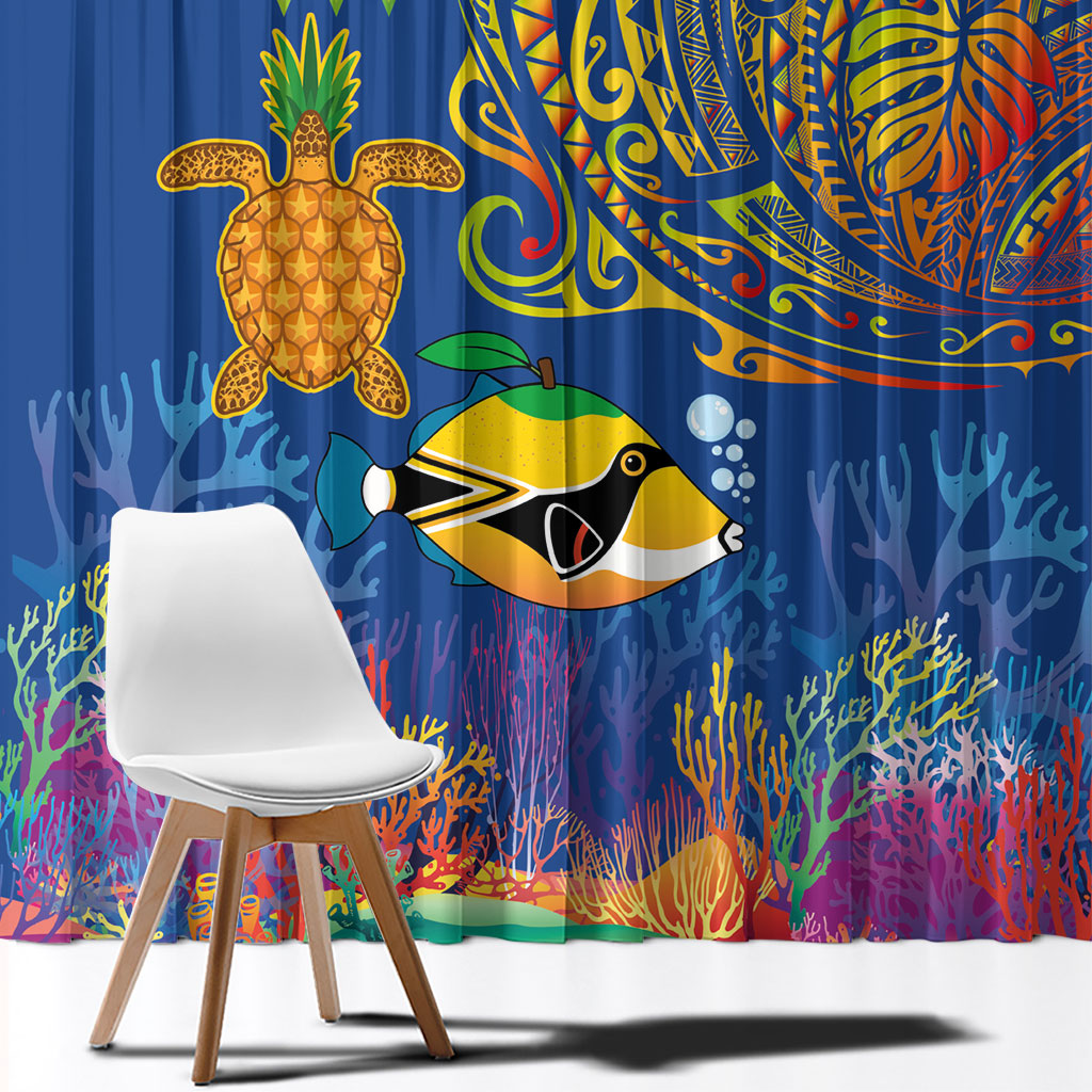 Hawaii Ocean Window Curtain Pineapple Turtle and Mango Reef Triggerfish and Kakau Tattoo LT03 - Polynesian Pride