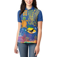 Hawaii Ocean Women Polo Shirt Pineapple Turtle and Mango Reef Triggerfish and Kakau Tattoo LT03 - Polynesian Pride