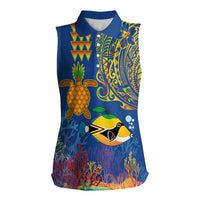 Hawaii Ocean Women Sleeveless Polo Shirt Pineapple Turtle and Mango Reef Triggerfish and Kakau Tattoo LT03 Female Multicolor - Polynesian Pride