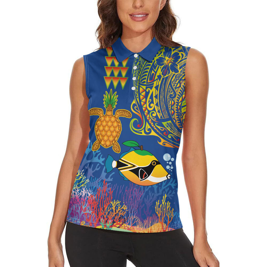 Hawaii Ocean Women Sleeveless Polo Shirt Pineapple Turtle and Mango Reef Triggerfish and Kakau Tattoo LT03 - Polynesian Pride