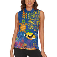 Hawaii Ocean Women Sleeveless Polo Shirt Pineapple Turtle and Mango Reef Triggerfish and Kakau Tattoo LT03 - Polynesian Pride