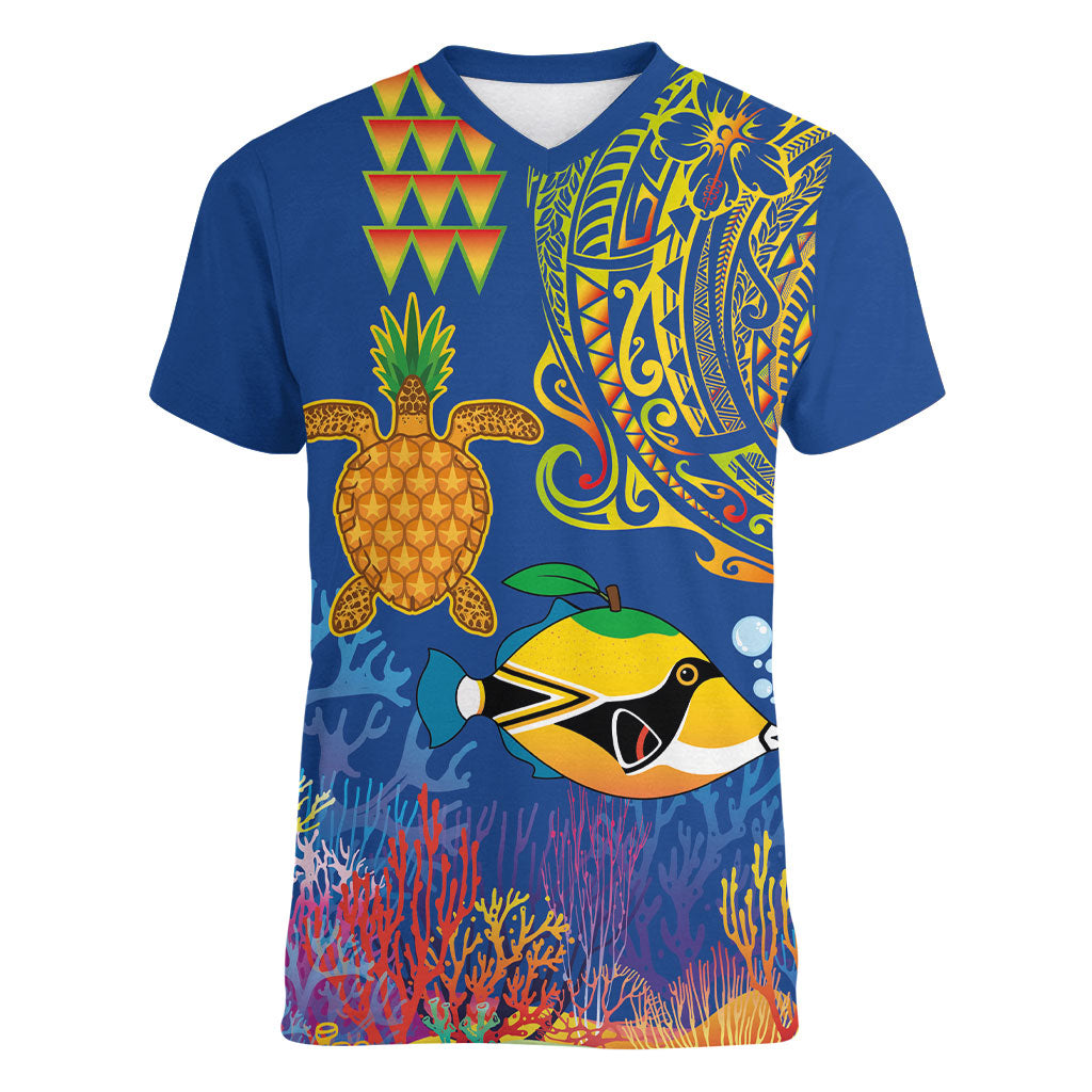 Hawaii Ocean Women V-Neck T-Shirt Pineapple Turtle and Mango Reef Triggerfish and Kakau Tattoo LT03 Female Multicolor - Polynesian Pride