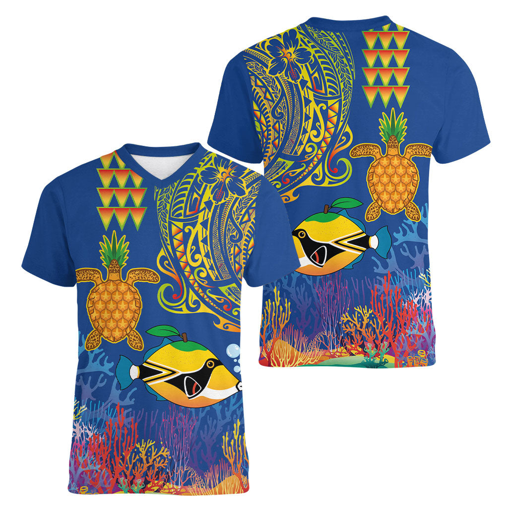 Hawaii Ocean Women V-Neck T-Shirt Pineapple Turtle and Mango Reef Triggerfish and Kakau Tattoo LT03 - Polynesian Pride