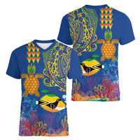 Hawaii Ocean Women V-Neck T-Shirt Pineapple Turtle and Mango Reef Triggerfish and Kakau Tattoo LT03 - Polynesian Pride