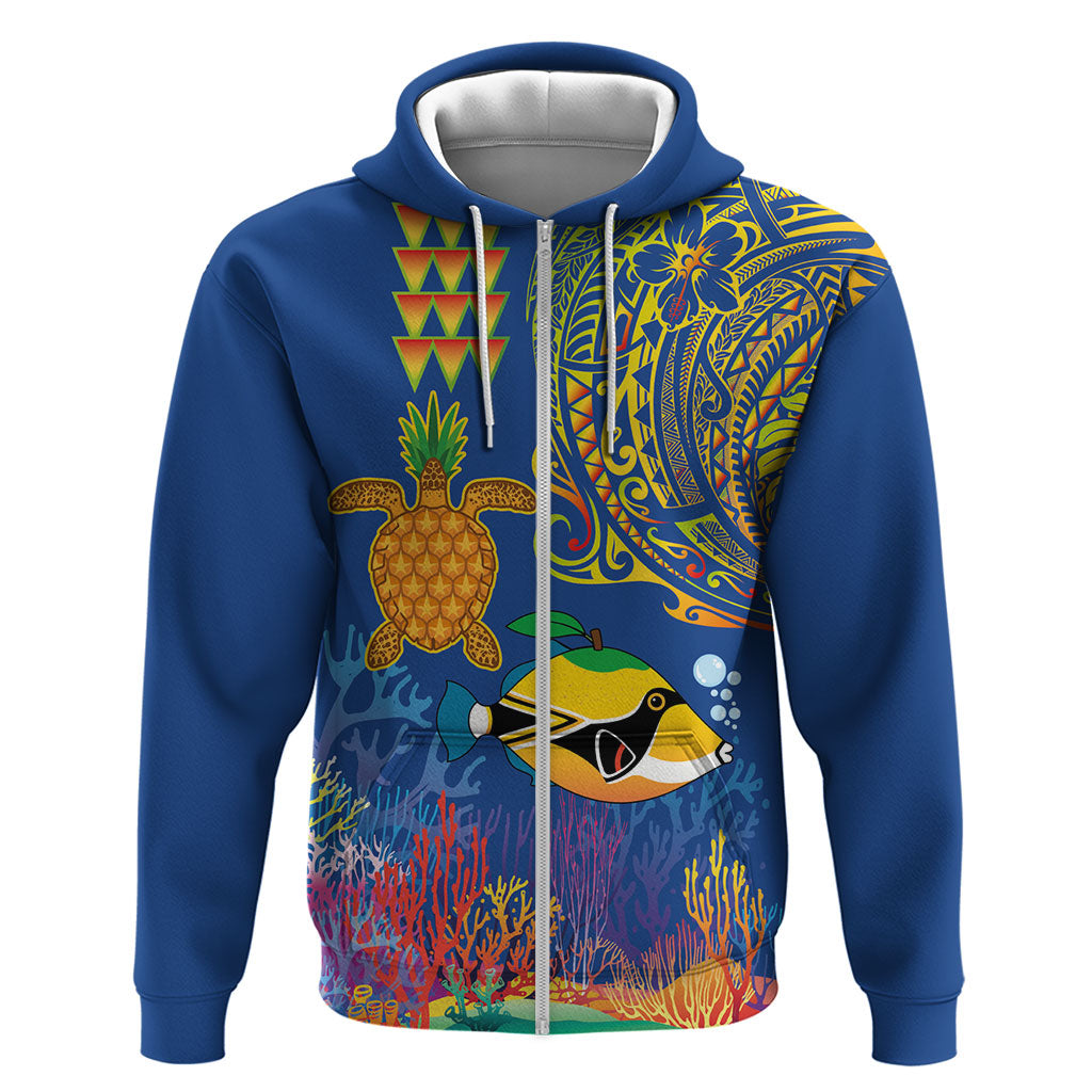 Hawaii Ocean Zip Hoodie Pineapple Turtle and Mango Reef Triggerfish and Kakau Tattoo LT03 Zip Hoodie Multicolor - Polynesian Pride
