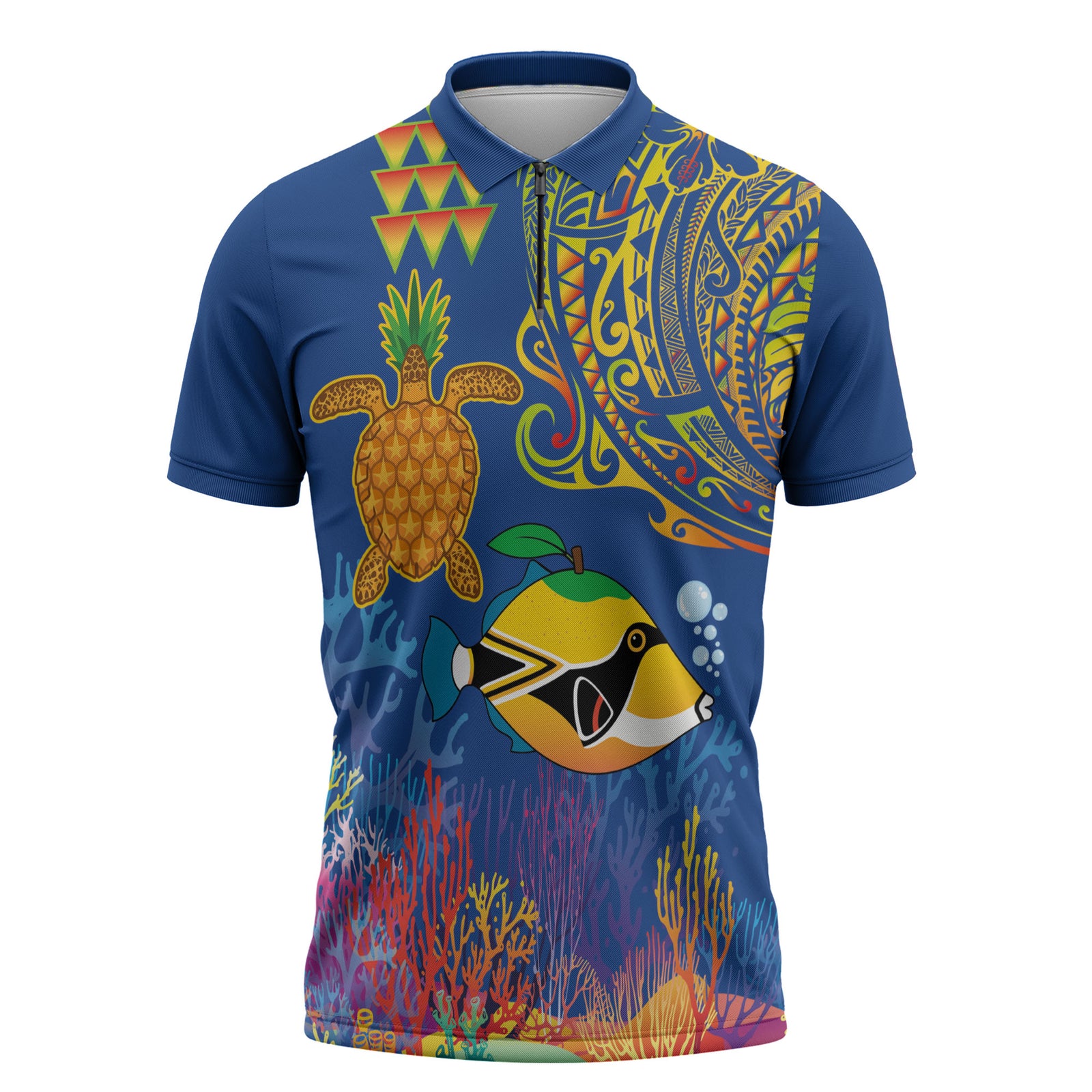 Hawaii Ocean Zipper Polo Shirt Pineapple Turtle and Mango Reef Triggerfish and Kakau Tattoo LT03 Multicolor - Polynesian Pride