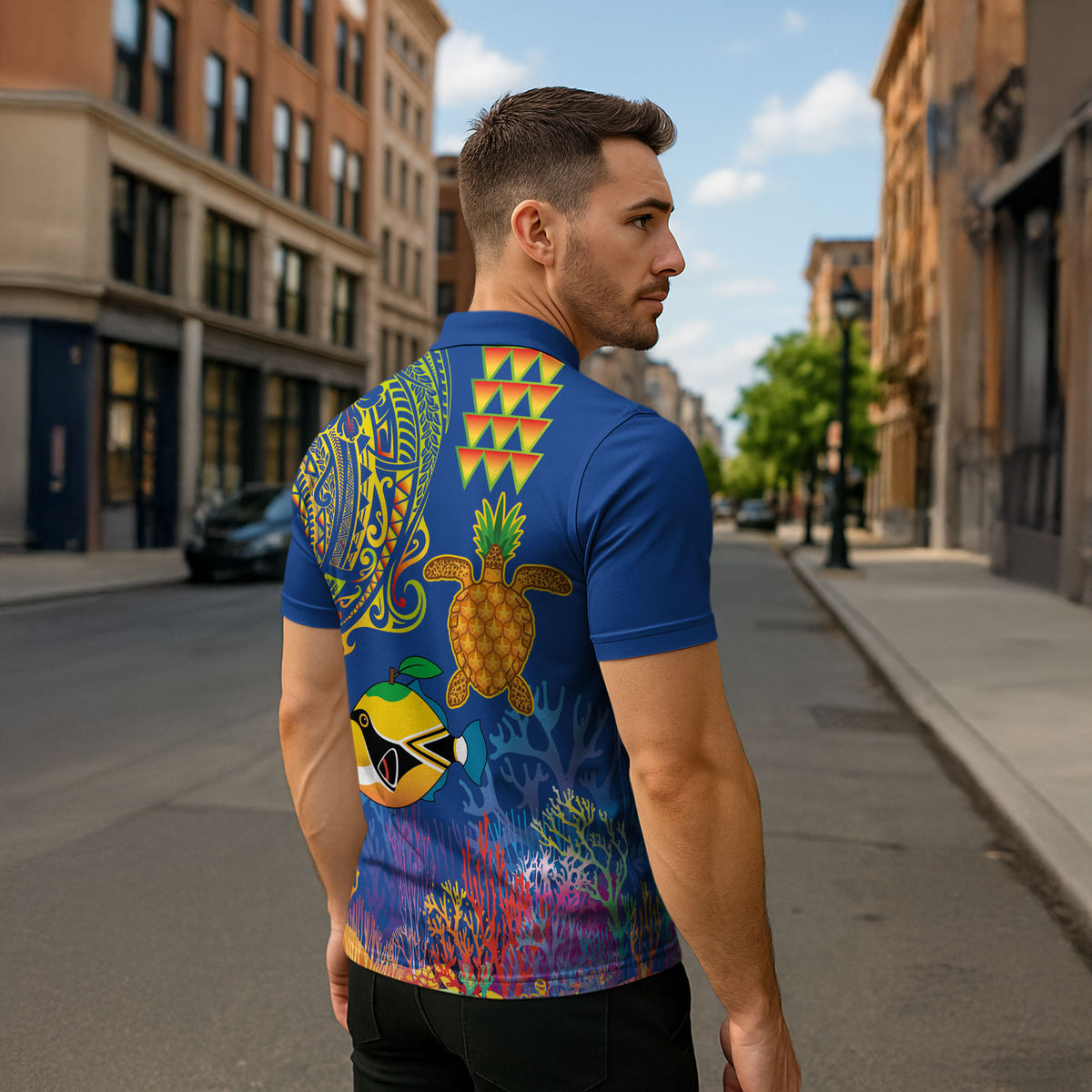 Hawaii Ocean Zipper Polo Shirt Pineapple Turtle and Mango Reef Triggerfish and Kakau Tattoo LT03 - Polynesian Pride