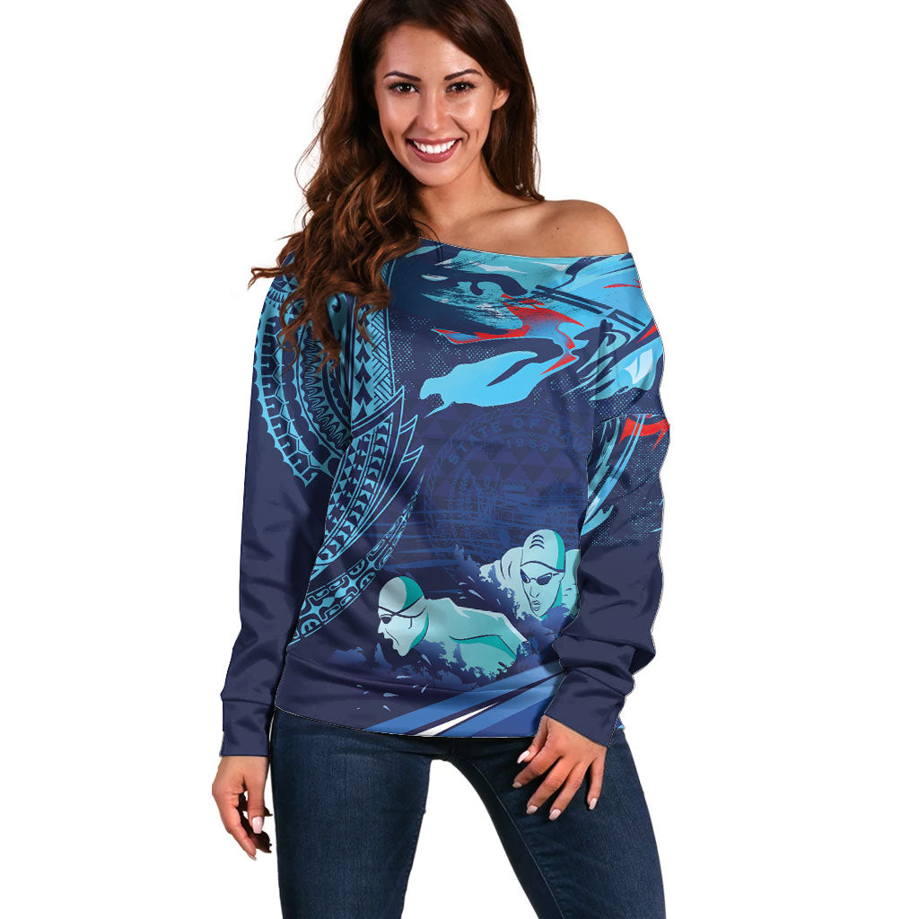 Personalized Hawaii Swimming Off Shoulder Sweater Tribal Sporty Style LT03 Women Multicolor - Polynesian Pride