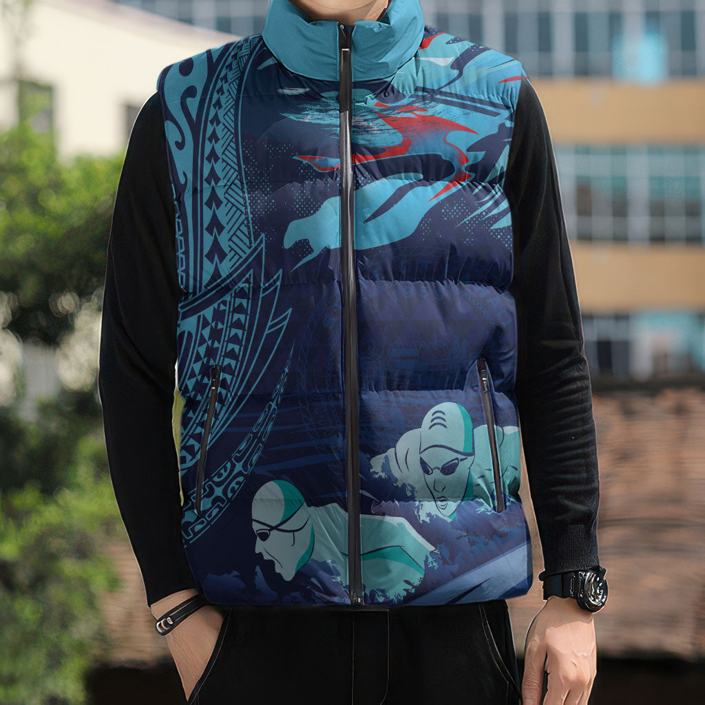 Personalized Hawaii Swimming Sleeveless Puffer Jacket Tribal Sporty Style LT03 - Polynesian Pride