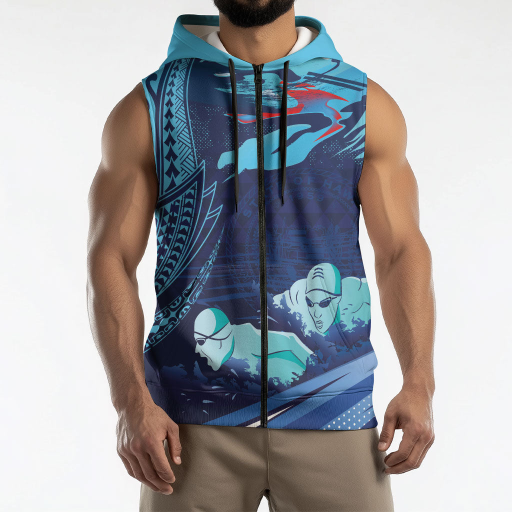 Personalized Hawaii Swimming Sleeveless Zip Hoodie Tribal Sporty Style LT03 - Polynesian Pride