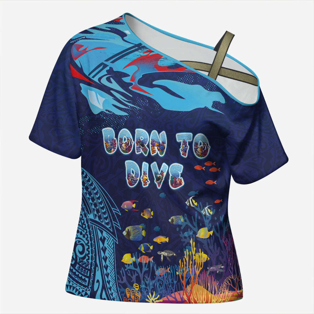 Personalized Hawaii Diving Cross Shoulder Shirt Tribal Pattern with Ocean Floor LT03 Female Multicolor - Polynesian Pride