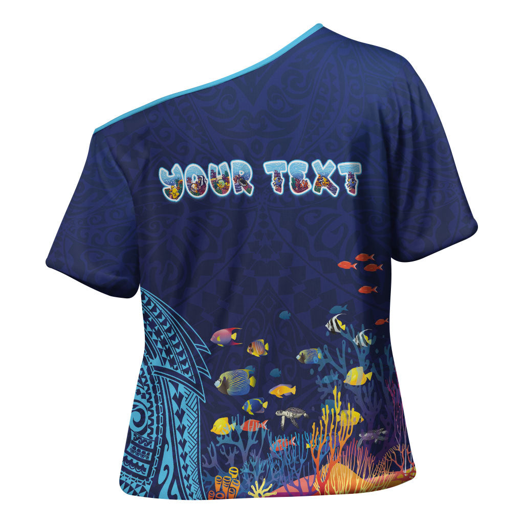 Personalized Hawaii Diving Cross Shoulder Shirt Tribal Pattern with Ocean Floor LT03 - Polynesian Pride