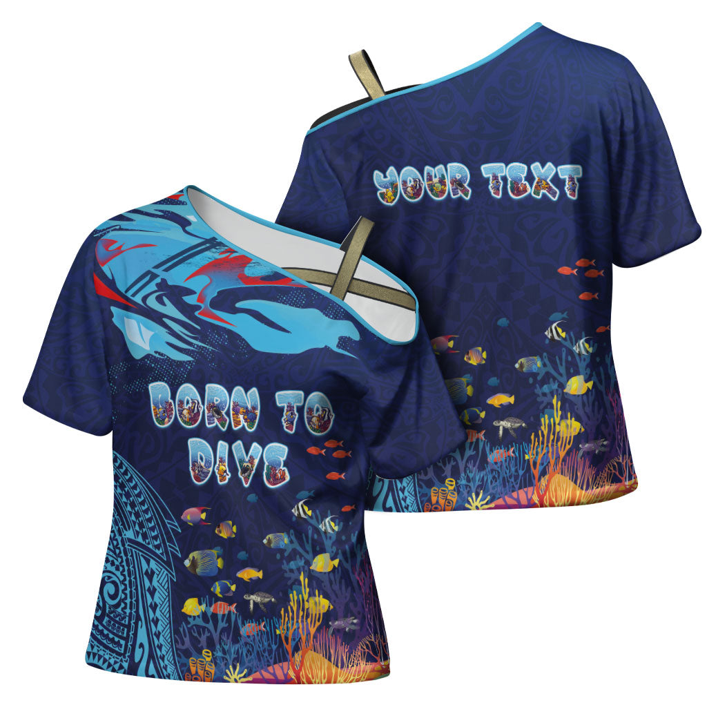 Personalized Hawaii Diving Cross Shoulder Shirt Tribal Pattern with Ocean Floor LT03 - Polynesian Pride