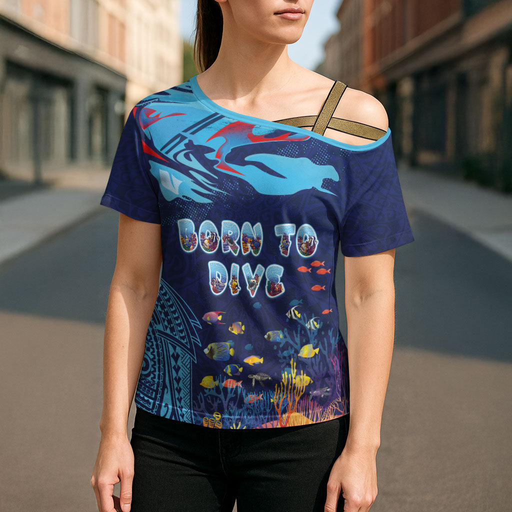 Personalized Hawaii Diving Cross Shoulder Shirt Tribal Pattern with Ocean Floor LT03 - Polynesian Pride
