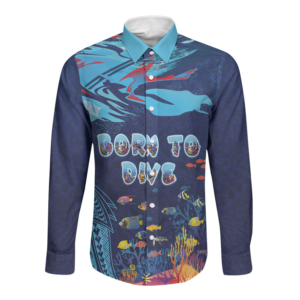 Personalized Hawaii Diving Long Sleeve Button Shirt Tribal Pattern with Ocean Floor LT03 Unisex Multicolor - Polynesian Pride