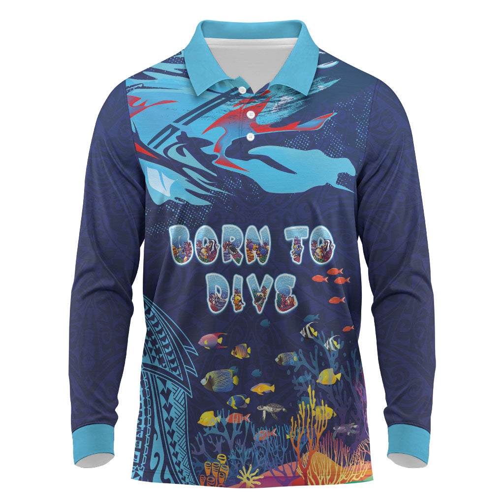 Personalized Hawaii Diving Long Sleeve Polo Shirt Tribal Pattern with Ocean Floor LT03 Multicolor - Polynesian Pride