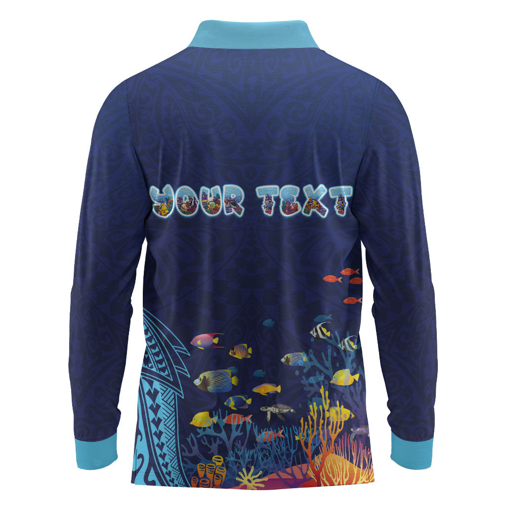 Personalized Hawaii Diving Long Sleeve Polo Shirt Tribal Pattern with Ocean Floor LT03 - Polynesian Pride