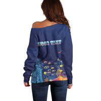Personalized Hawaii Diving Off Shoulder Sweater Tribal Pattern with Ocean Floor LT03 - Polynesian Pride