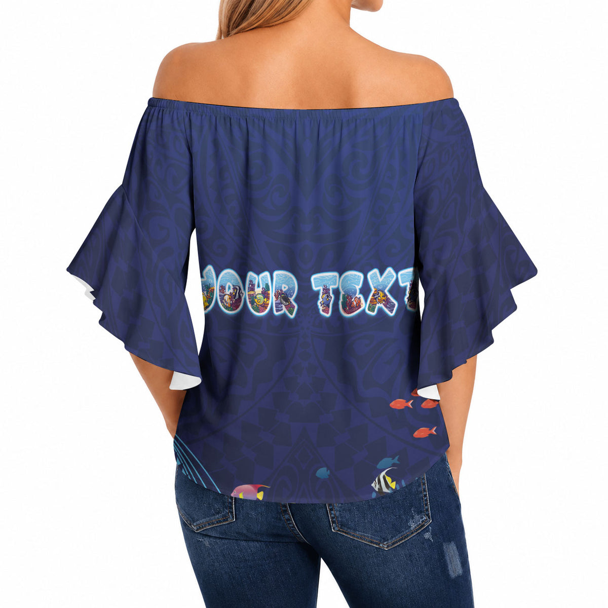 Personalized Hawaii Diving Off Shoulder Wrap Waist Top Tribal Pattern with Ocean Floor LT03 - Polynesian Pride