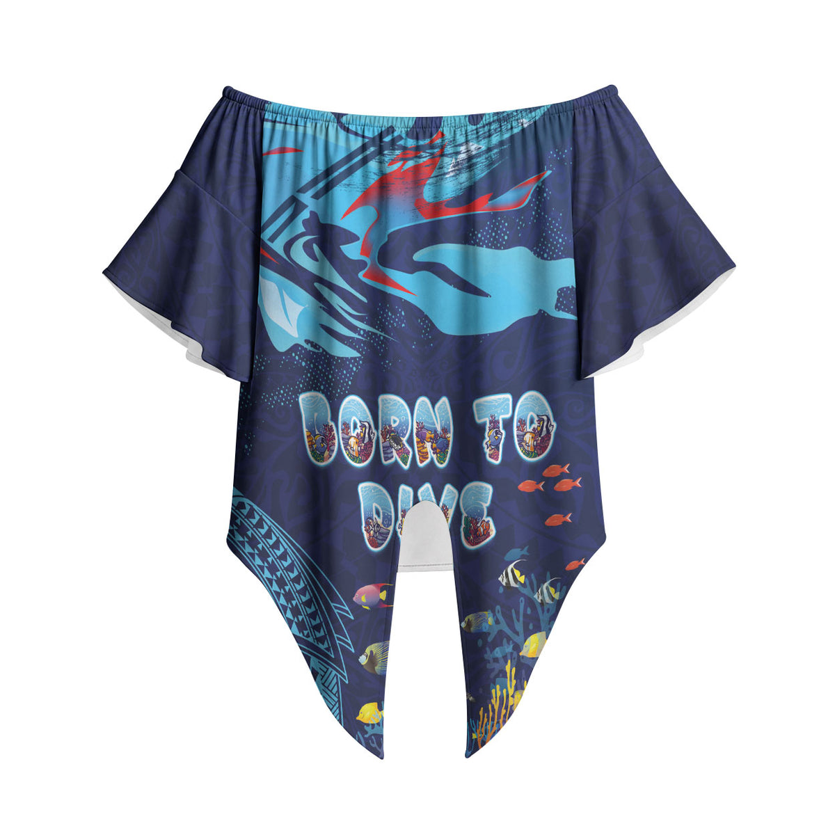 Personalized Hawaii Diving Off Shoulder Wrap Waist Top Tribal Pattern with Ocean Floor LT03 - Polynesian Pride