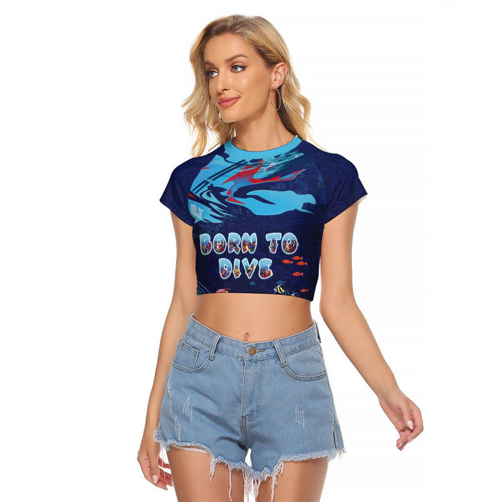 Personalized Hawaii Diving Raglan Cropped T Shirt Tribal Pattern with Ocean Floor LT03 Female Multicolor - Polynesian Pride
