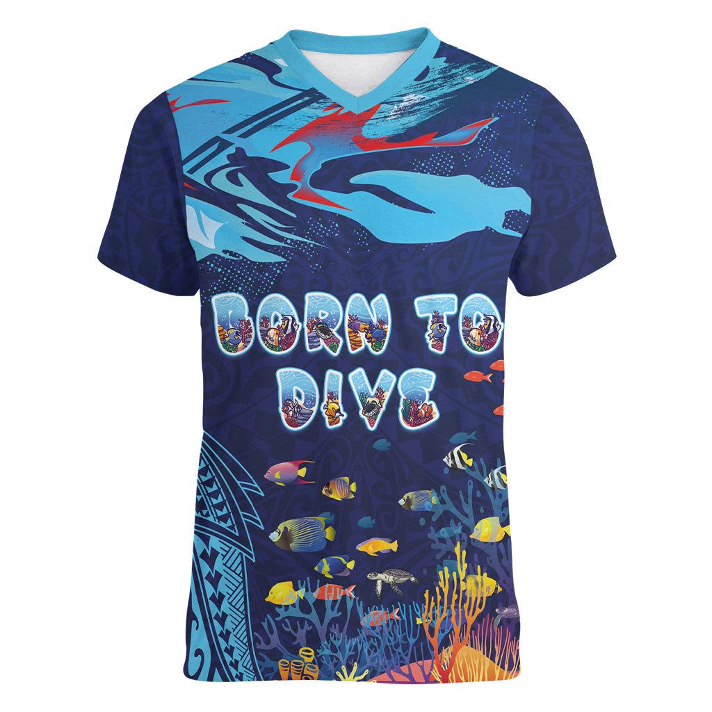 Personalized Hawaii Diving Women V-Neck T-Shirt Tribal Pattern with Ocean Floor LT03 Female Multicolor - Polynesian Pride
