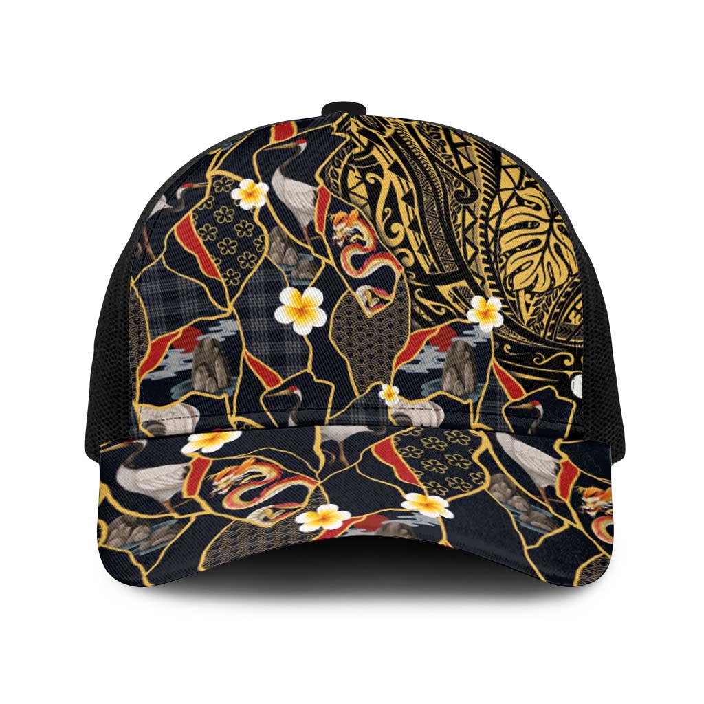 Hawaiian and Japanese Baseball Net Cap Polynesian Tattoo with Japanese Culture Kintsugi Style LT03 One Size Black Multicolor - Polynesian Pride