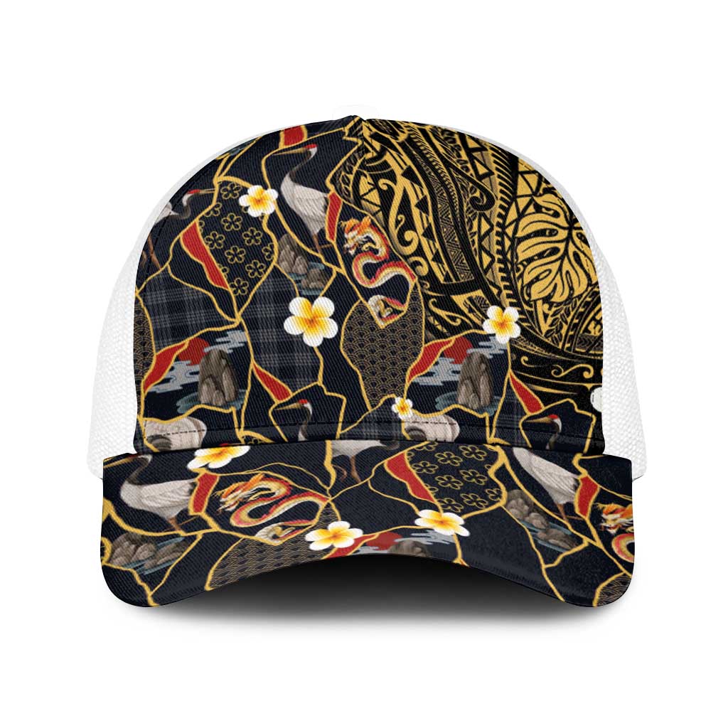 Hawaiian and Japanese Baseball Net Cap Polynesian Tattoo with Japanese Culture Kintsugi Style LT03 One Size White Multicolor - Polynesian Pride