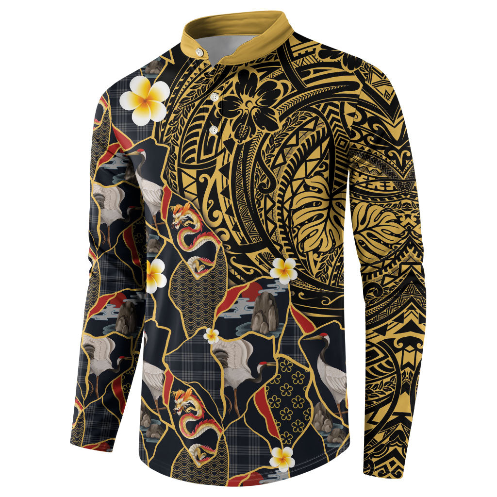 Hawaiian and Japanese Button Sweatshirt Polynesian Tattoo with Japanese Culture Kintsugi Style LT03 - Polynesian Pride