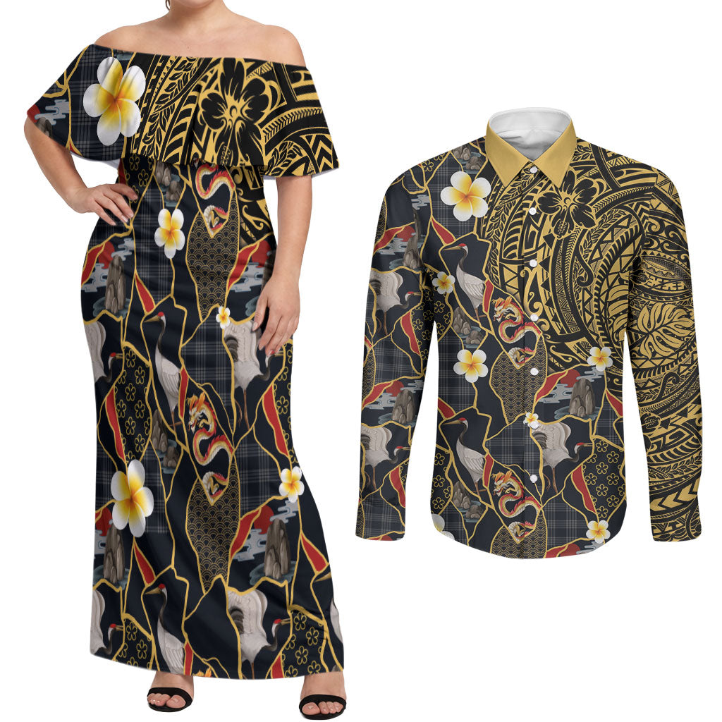 Hawaiian and Japanese Couples Matching Off Shoulder Maxi Dress and Long Sleeve Button Shirt Polynesian Tattoo with Japanese Culture Kintsugi Style LT03 Multicolor - Polynesian Pride