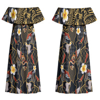 Hawaiian and Japanese Couples Matching Off Shoulder Maxi Dress and Long Sleeve Button Shirt Polynesian Tattoo with Japanese Culture Kintsugi Style LT03 - Polynesian Pride