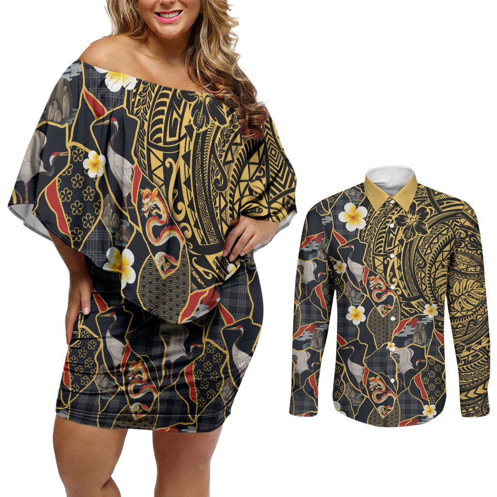 Hawaiian and Japanese Couples Matching Off Shoulder Short Dress and Long Sleeve Button Shirt Polynesian Tattoo with Japanese Culture Kintsugi Style