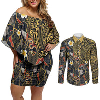 Hawaiian and Japanese Couples Matching Off Shoulder Short Dress and Long Sleeve Button Shirt Polynesian Tattoo with Japanese Culture Kintsugi Style LT03 Multicolor - Polynesian Pride