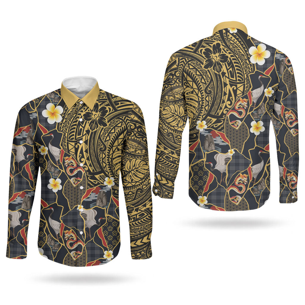 Hawaiian and Japanese Couples Matching Off Shoulder Short Dress and Long Sleeve Button Shirt Polynesian Tattoo with Japanese Culture Kintsugi Style LT03 - Polynesian Pride