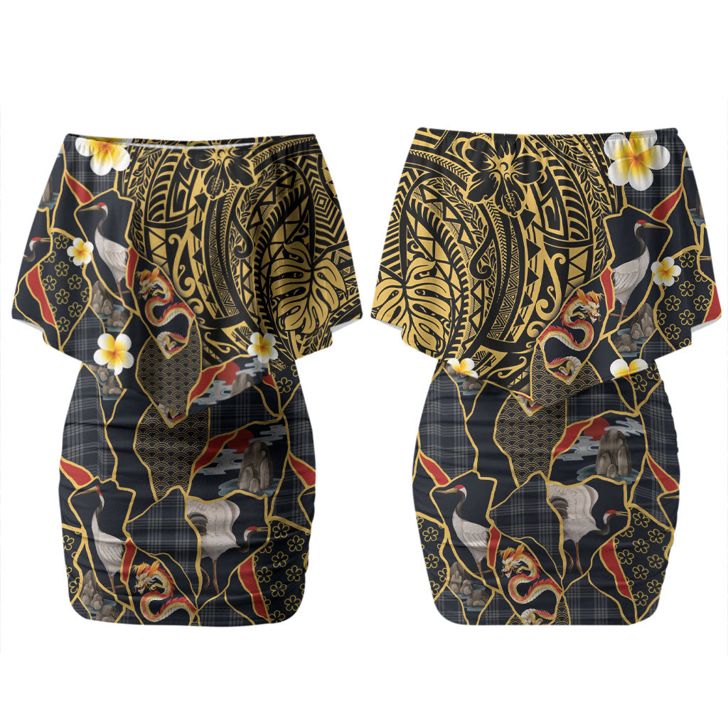 Hawaiian and Japanese Couples Matching Off Shoulder Short Dress and Long Sleeve Button Shirt Polynesian Tattoo with Japanese Culture Kintsugi Style LT03 - Polynesian Pride