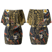 Hawaiian and Japanese Couples Matching Off Shoulder Short Dress and Long Sleeve Button Shirt Polynesian Tattoo with Japanese Culture Kintsugi Style LT03 - Polynesian Pride