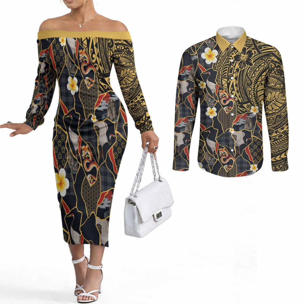 Hawaiian and Japanese Couples Matching Off The Shoulder Long Sleeve Dress and Long Sleeve Button Shirt Polynesian Tattoo with Japanese Culture Kintsugi Style LT03 Multicolor - Polynesian Pride