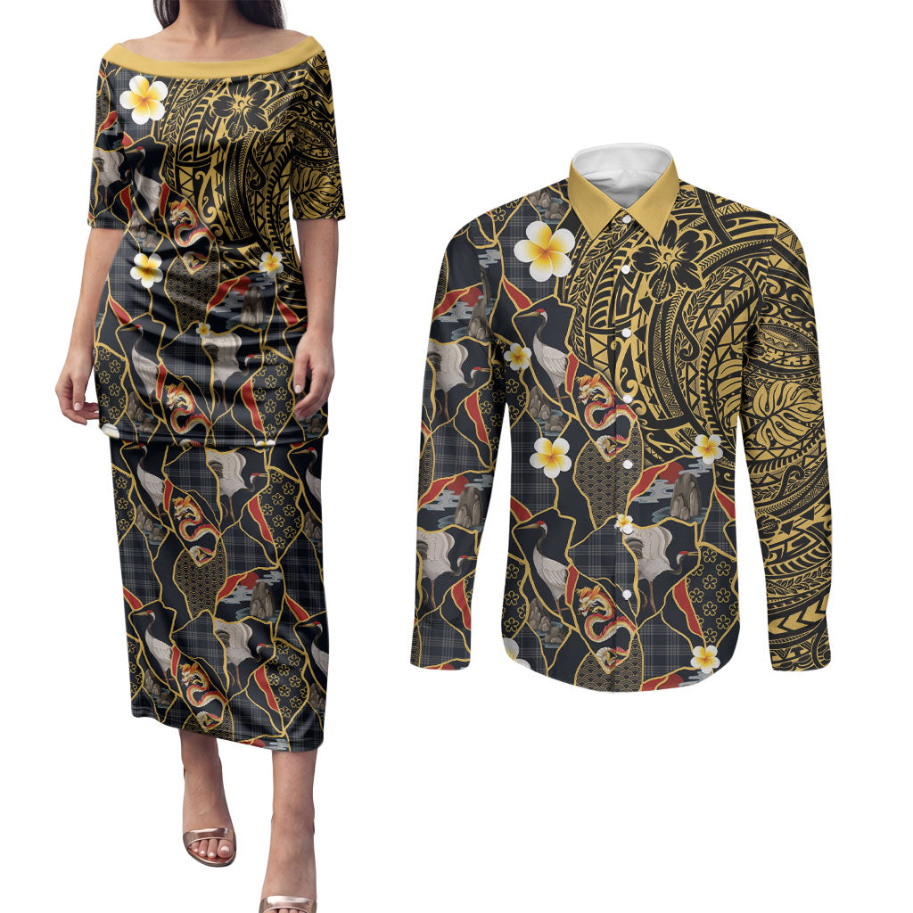 Hawaiian and Japanese Couples Matching Puletasi and Long Sleeve Button Shirt Polynesian Tattoo with Japanese Culture Kintsugi Style