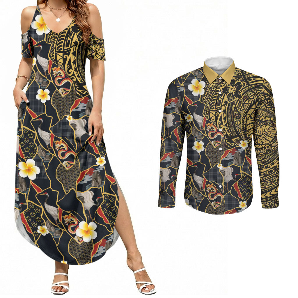 Hawaiian and Japanese Couples Matching Summer Maxi Dress and Long Sleeve Button Shirt Polynesian Tattoo with Japanese Culture Kintsugi Style LT03 Multicolor - Polynesian Pride