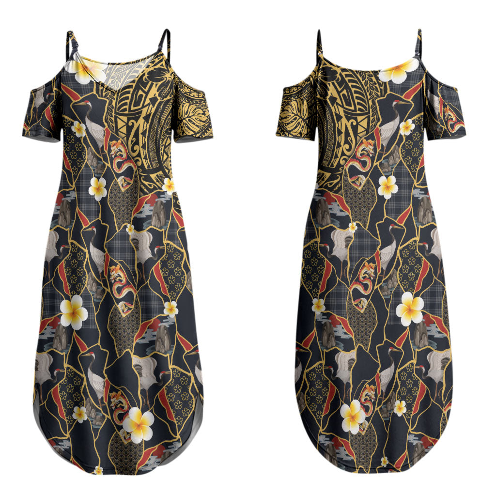 Hawaiian and Japanese Couples Matching Summer Maxi Dress and Long Sleeve Button Shirt Polynesian Tattoo with Japanese Culture Kintsugi Style LT03 - Polynesian Pride