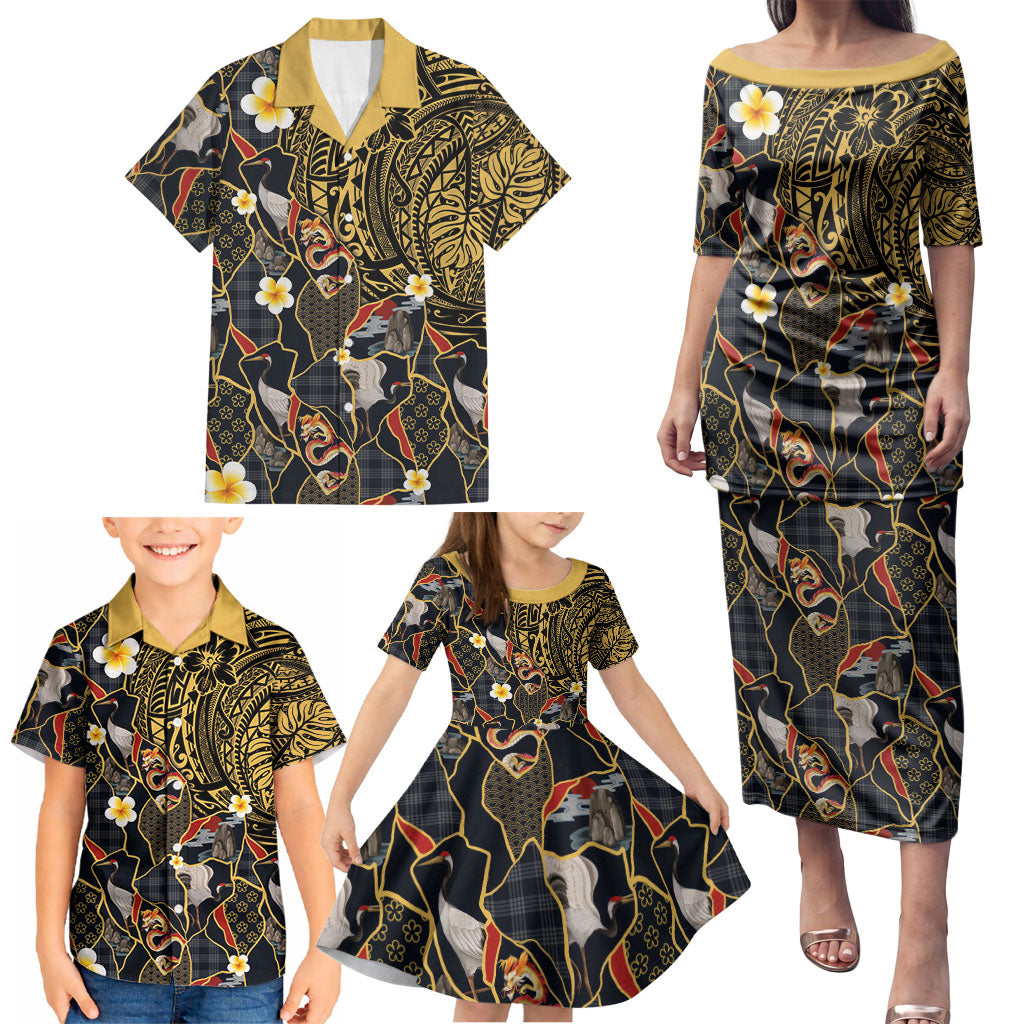 Hawaiian and Japanese Family Matching Puletasi and Hawaiian Shirt Polynesian Tattoo with Japanese Culture Kintsugi Style