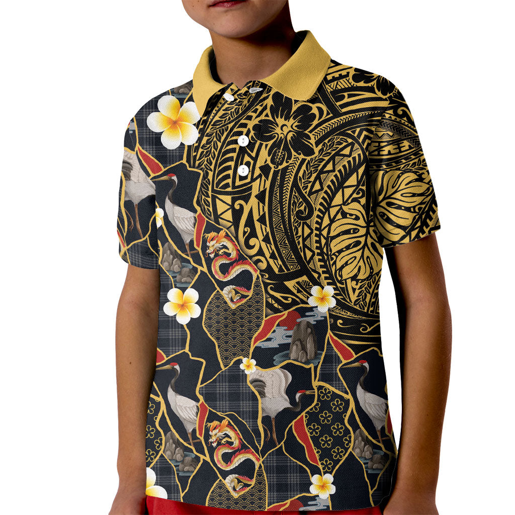 Hawaiian and Japanese Kid Polo Shirt Polynesian Tattoo with Japanese Culture Kintsugi Style LT03 Kid Multicolor - Polynesian Pride