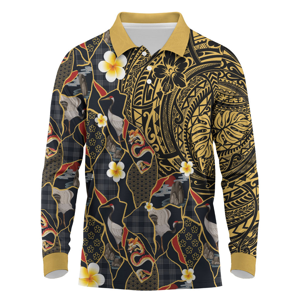 Hawaiian and Japanese Long Sleeve Polo Shirt Polynesian Tattoo with Japanese Culture Kintsugi Style LT03 Multicolor - Polynesian Pride