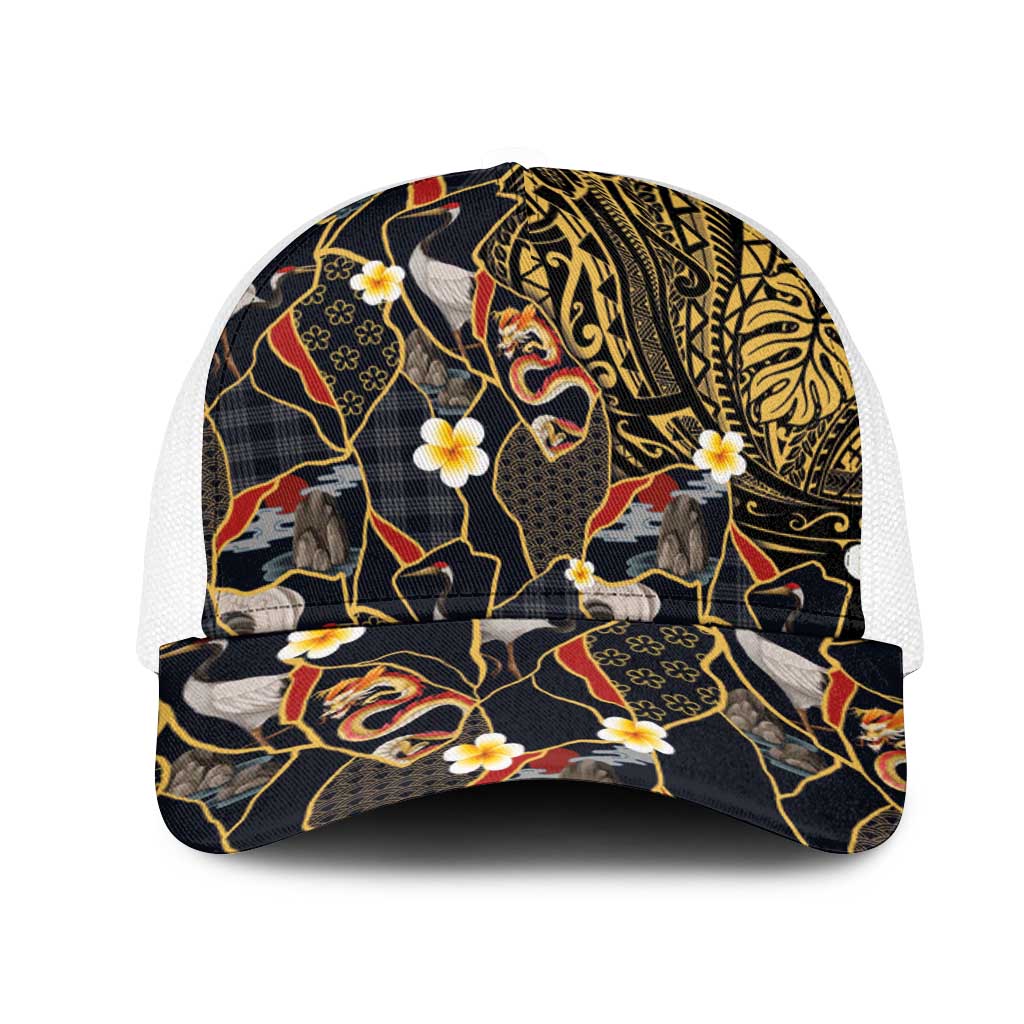 Hawaiian and Japanese Mesh Trucker Cap Polynesian Tattoo with Japanese Culture Kintsugi Style LT03 One Size White Multicolor - Polynesian Pride