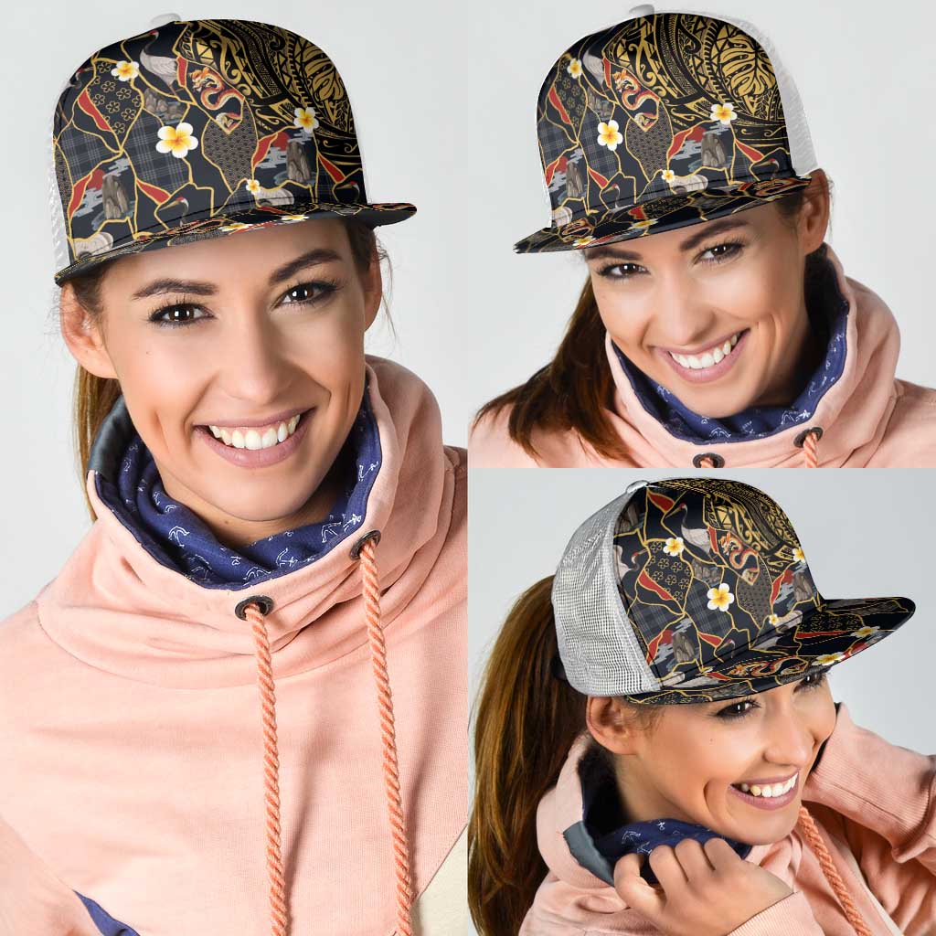 Hawaiian and Japanese Mesh Trucker Cap Polynesian Tattoo with Japanese Culture Kintsugi Style LT03 - Polynesian Pride