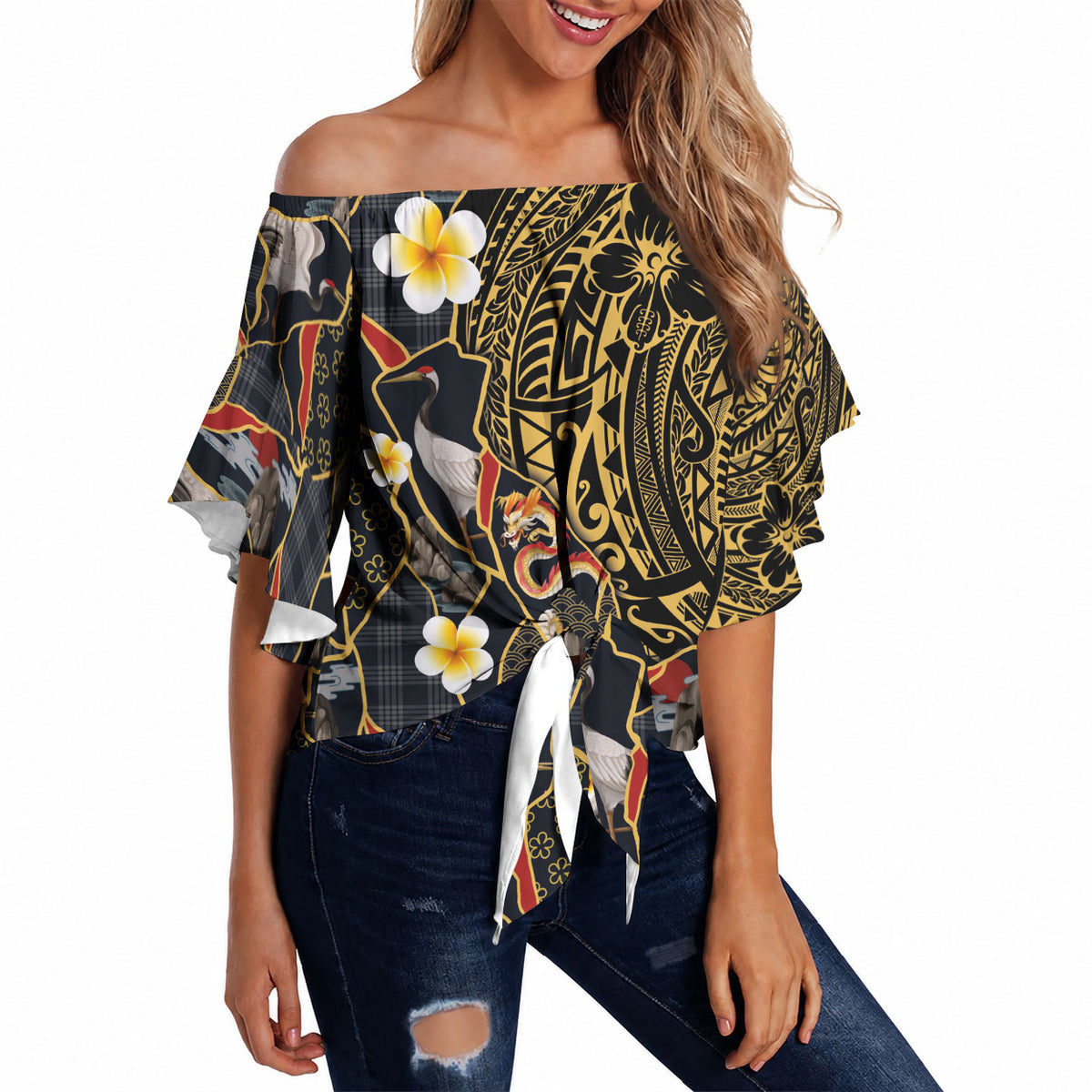 Hawaiian and Japanese Off Shoulder Wrap Waist Top Polynesian Tattoo with Japanese Culture Kintsugi Style LT03 Multicolor - Polynesian Pride