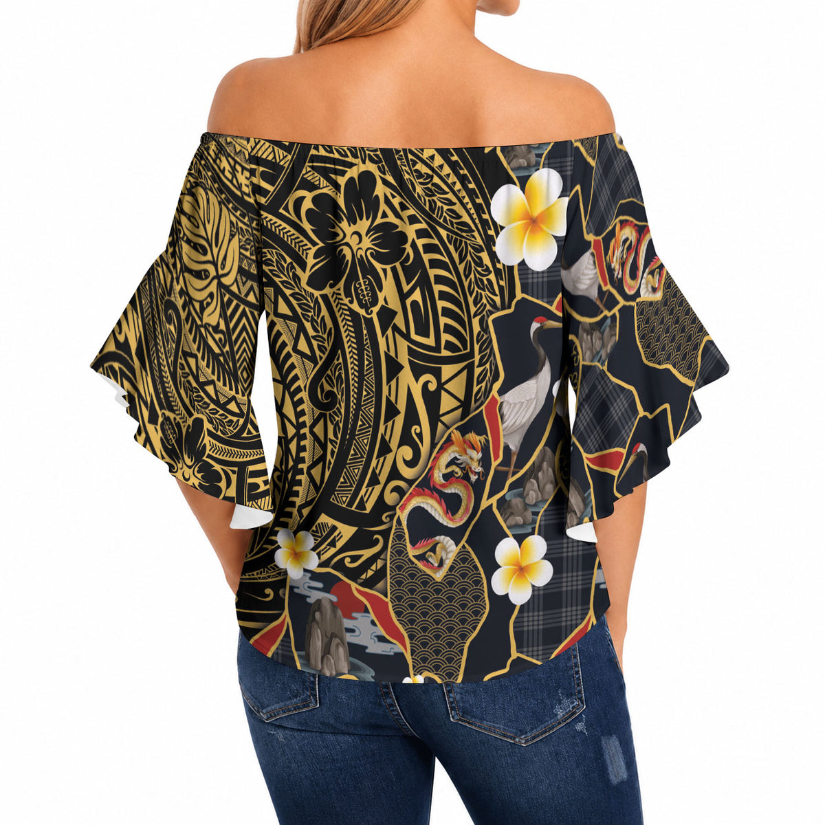Hawaiian and Japanese Off Shoulder Wrap Waist Top Polynesian Tattoo with Japanese Culture Kintsugi Style LT03 - Polynesian Pride
